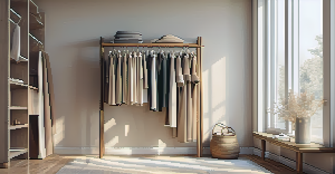 A wooden rack showcasing a minimalist capsule wardrobe with high-quality clothing in neutral colors, illuminated by natural light.