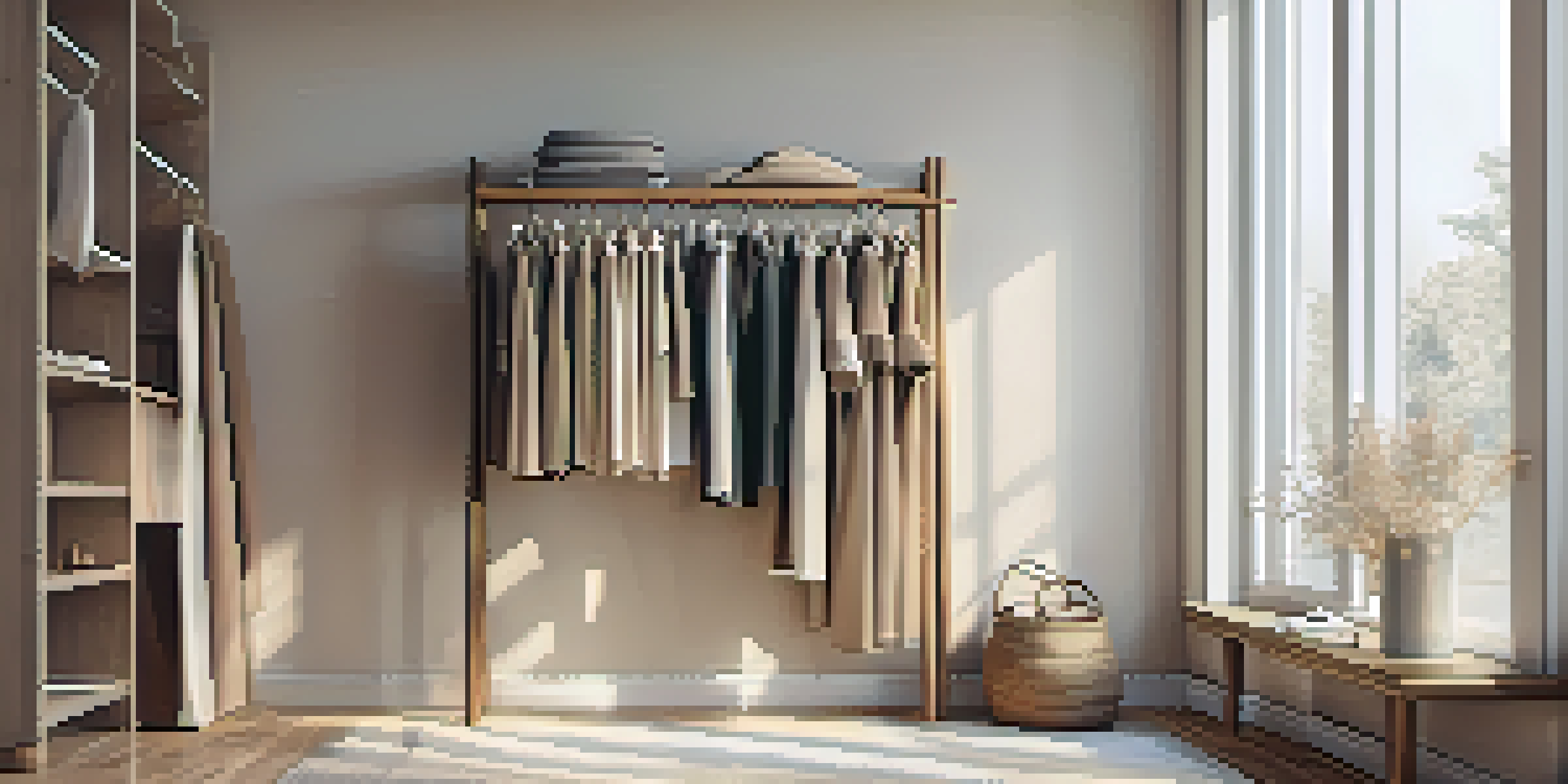 A wooden rack showcasing a minimalist capsule wardrobe with high-quality clothing in neutral colors, illuminated by natural light.