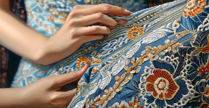 Close-up of a person holding a vintage dress, highlighting its intricate patterns and textures with natural lighting.