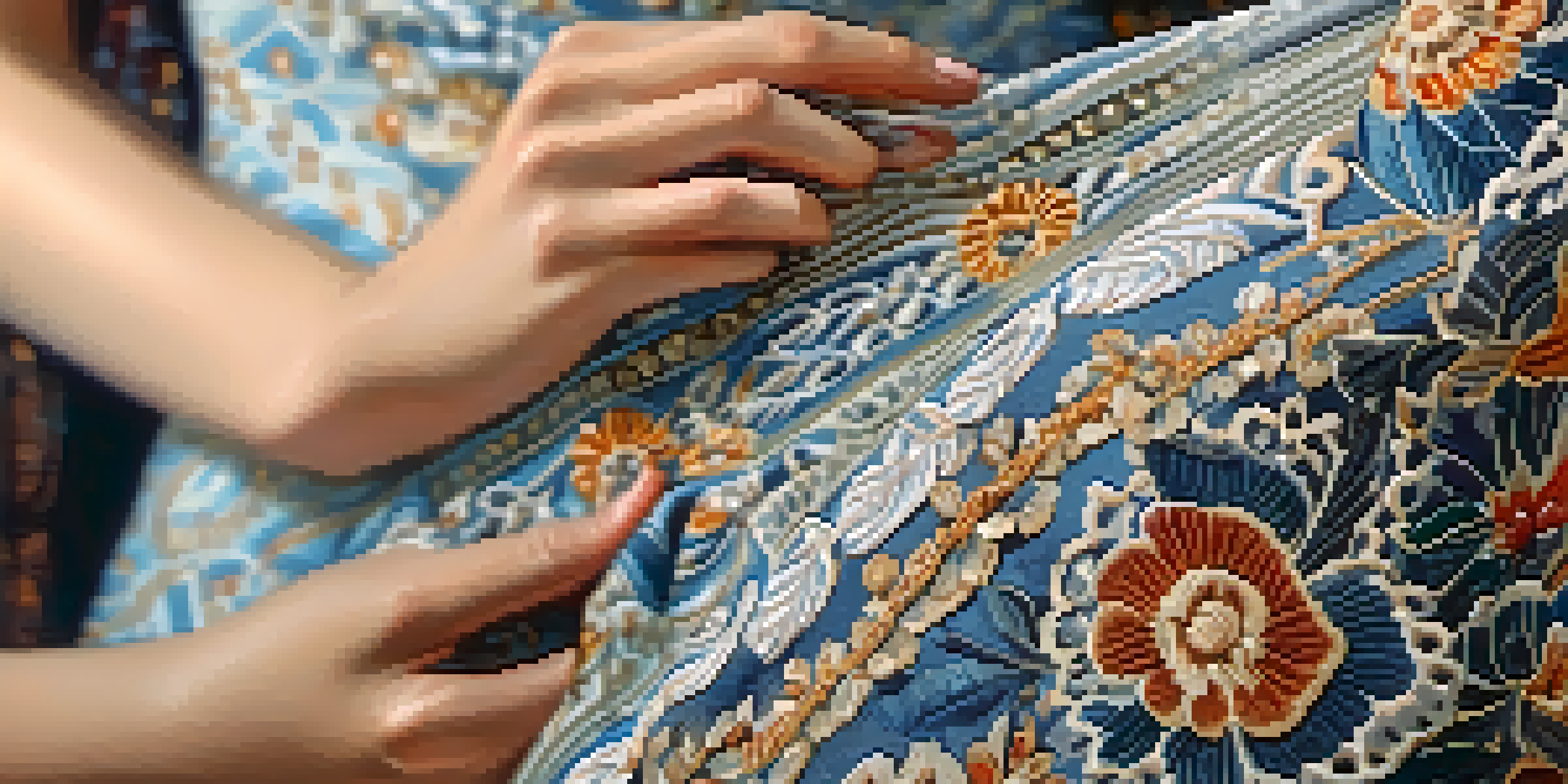 Close-up of a person holding a vintage dress, highlighting its intricate patterns and textures with natural lighting.