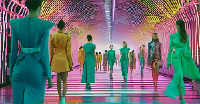 A digital fashion show with models on a futuristic runway, displaying sustainable outfits against a colorful digital backdrop.