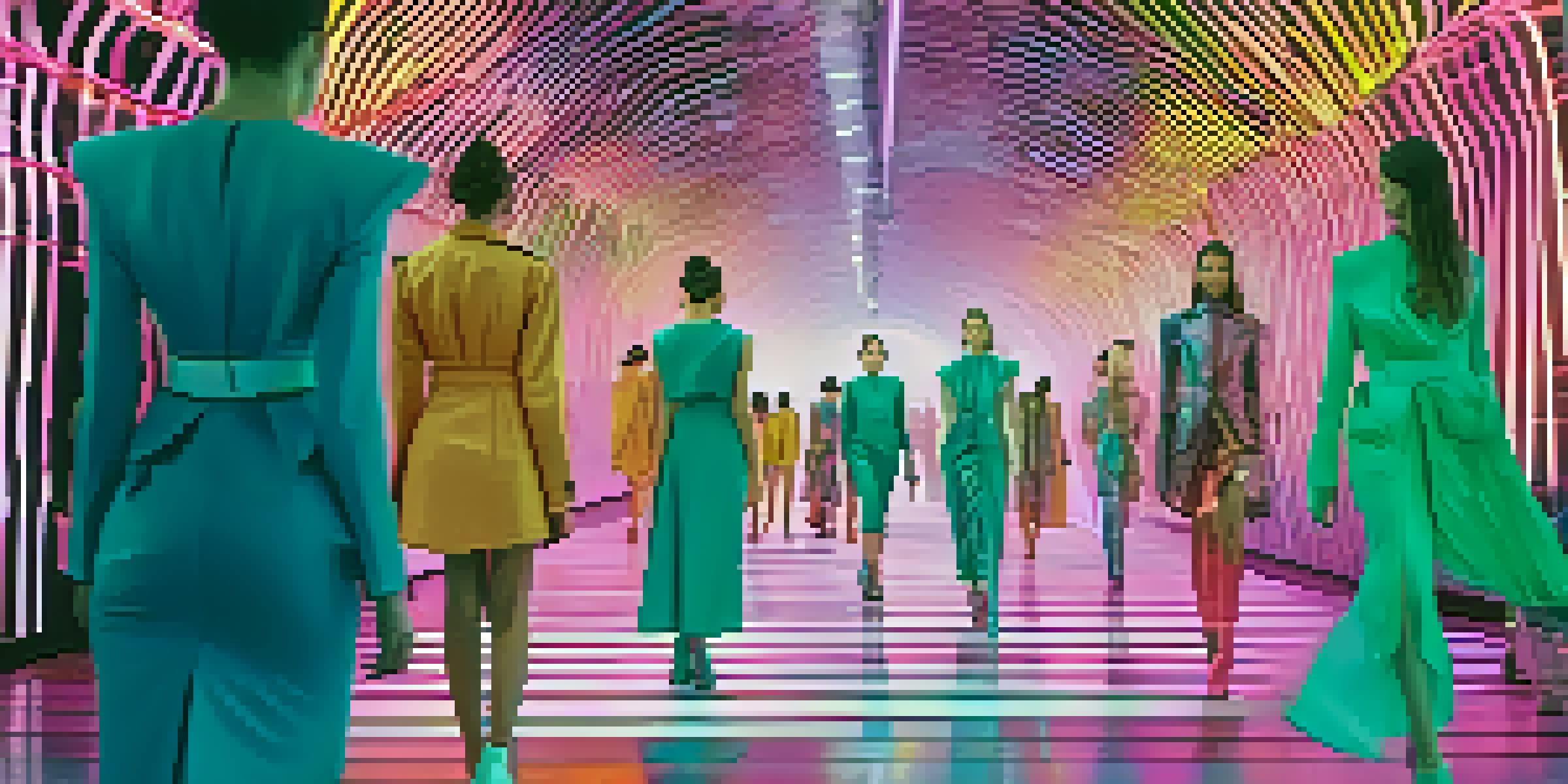 A digital fashion show with models on a futuristic runway, displaying sustainable outfits against a colorful digital backdrop.