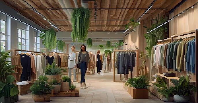 An eco-friendly fashion store filled with sustainable clothing, featuring greenery and warm lighting, with diverse shoppers exploring the space.