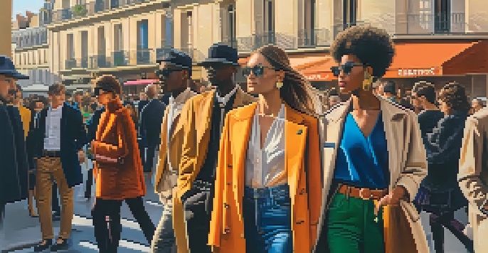 A lively street scene at Paris Fashion Week featuring fashionable individuals in diverse outfits with Parisian architecture in the background.