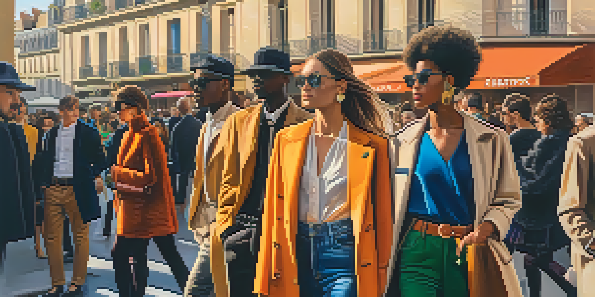 A lively street scene at Paris Fashion Week featuring fashionable individuals in diverse outfits with Parisian architecture in the background.