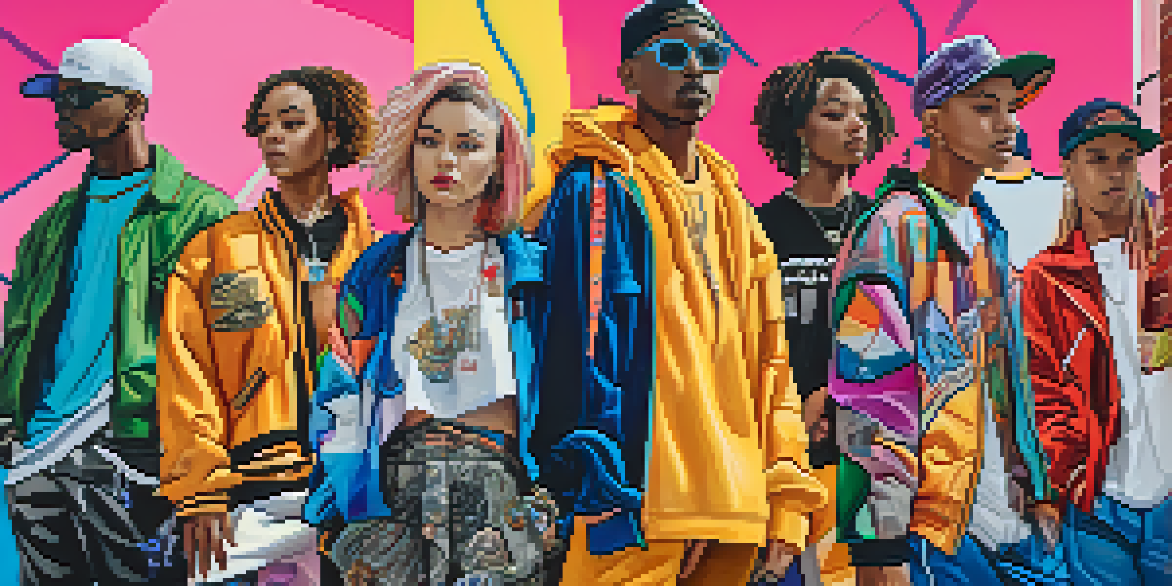 A diverse group of gender-fluid individuals in vibrant streetwear, showcasing unique styles against an urban backdrop.