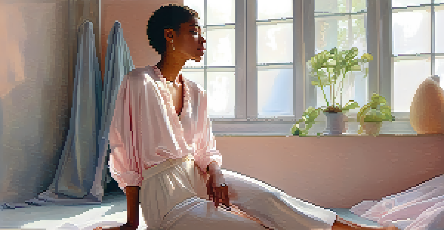 A non-binary model posing in a pastel-colored outfit in a studio, illuminated by natural light, emphasizing individuality and confidence.
