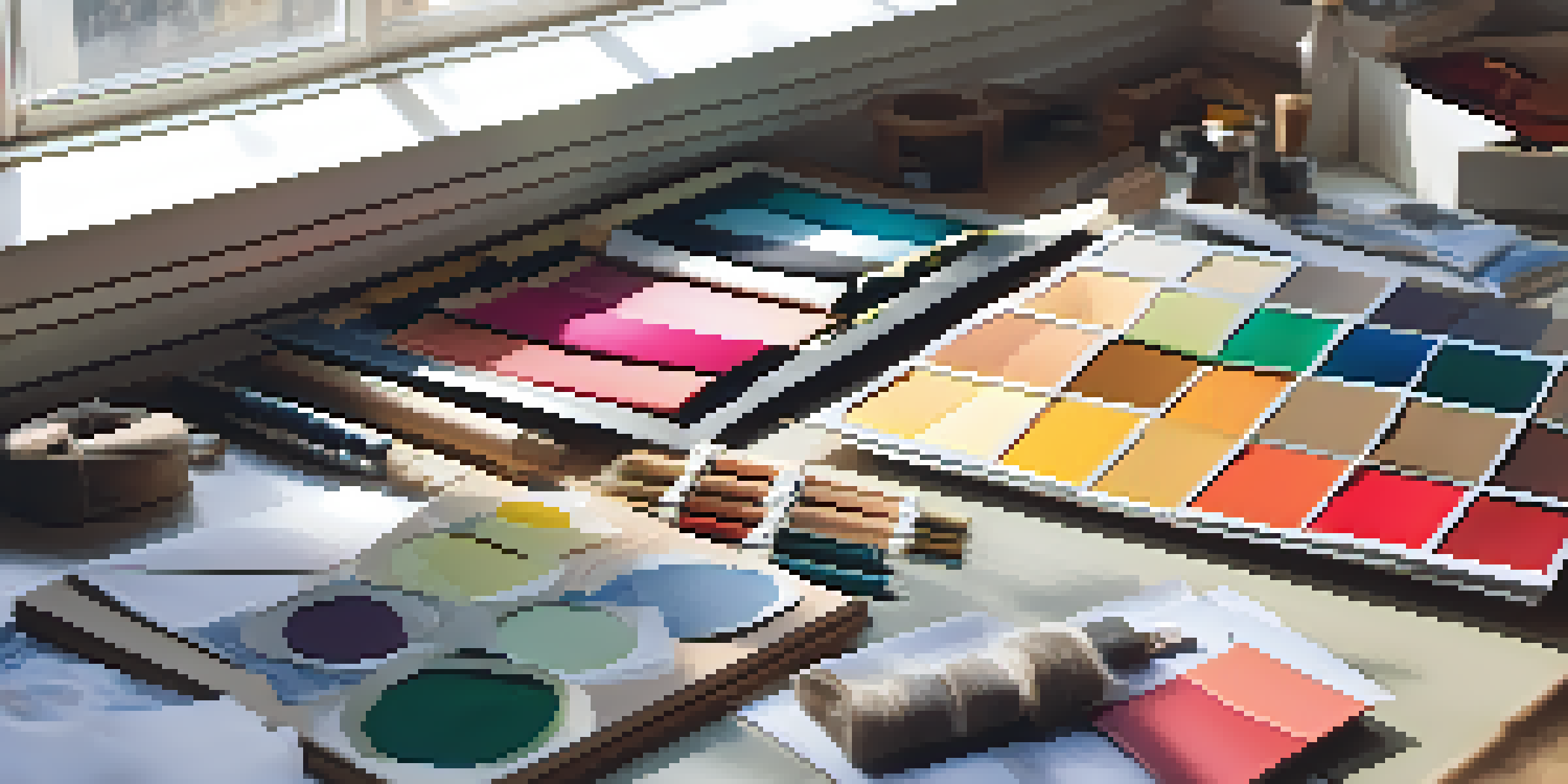 A designer's workspace with colorful fabrics, sketchbooks, and sewing tools illuminated by natural light.