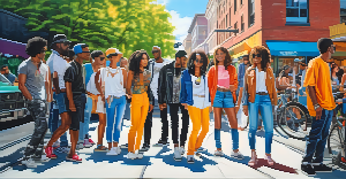 A lively urban street scene with diverse people displaying their unique fashion styles in front of colorful graffiti.