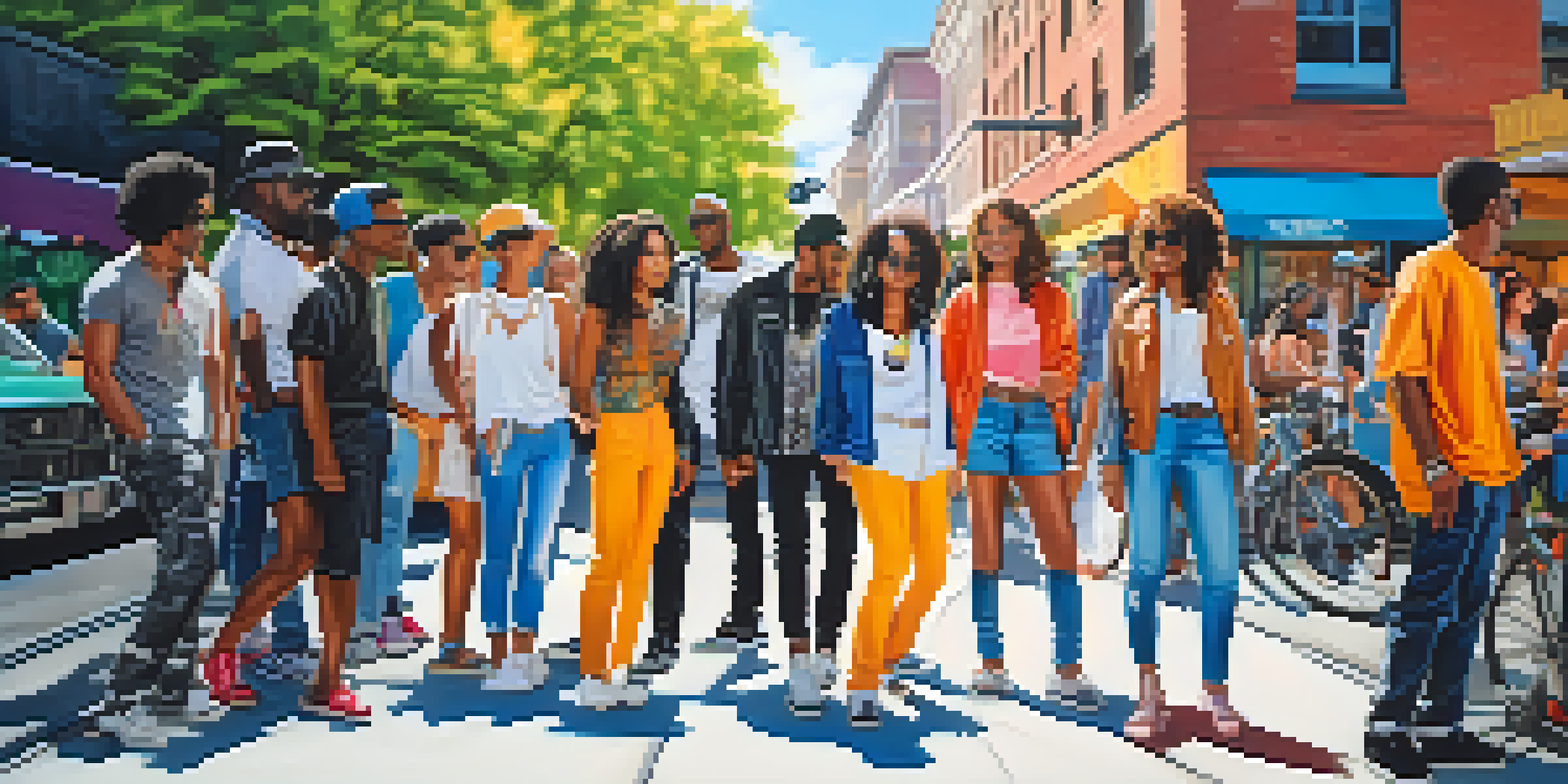 A lively urban street scene with diverse people displaying their unique fashion styles in front of colorful graffiti.