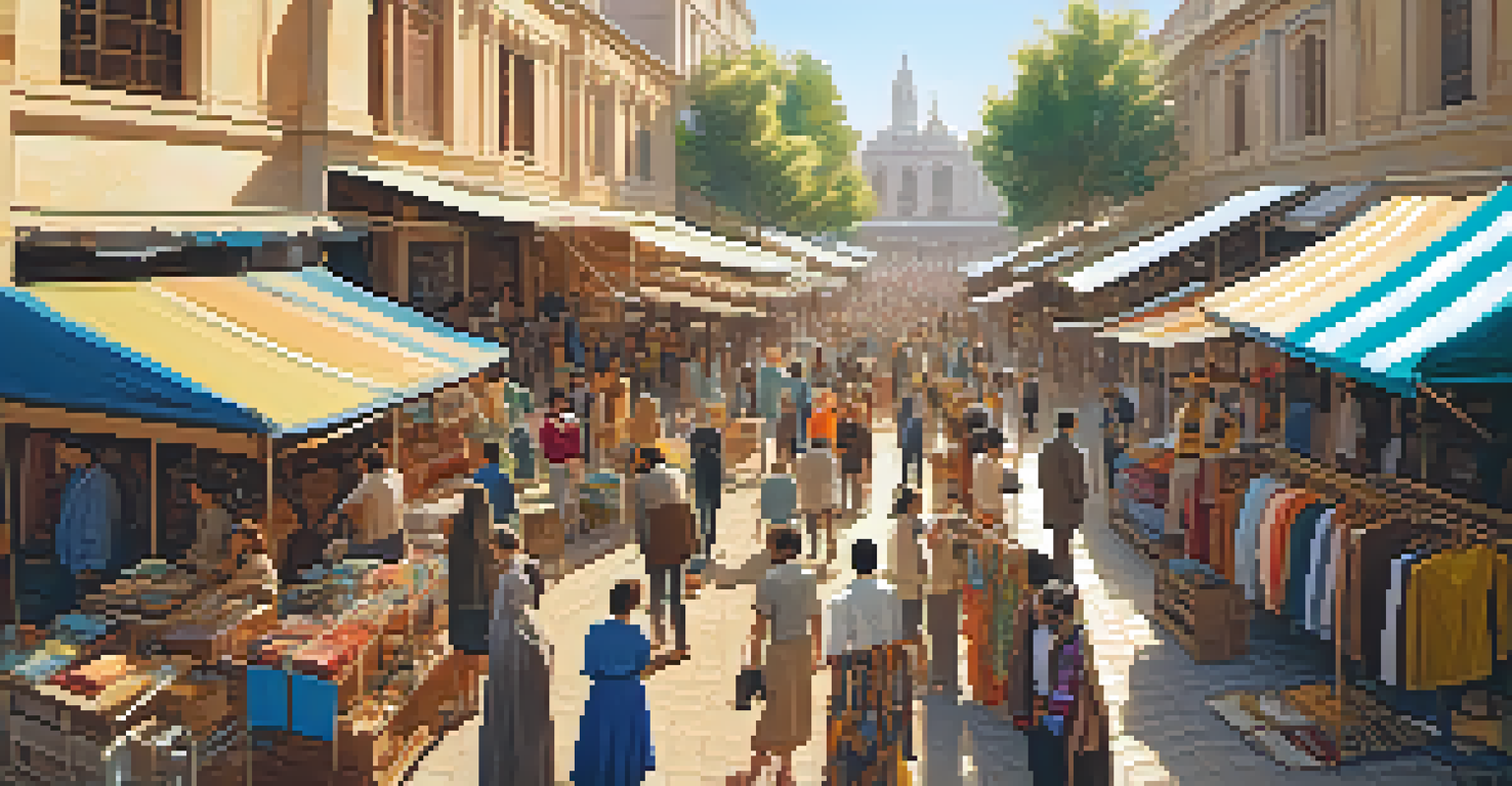 A bustling marketplace with colorful stalls selling second-hand clothes and handmade accessories under golden afternoon sunlight.