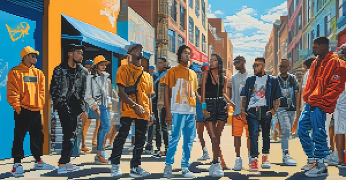 A busy urban street filled with a diverse group of individuals dressed in fashionable streetwear, surrounded by colorful graffiti and city buildings under a sunny sky.