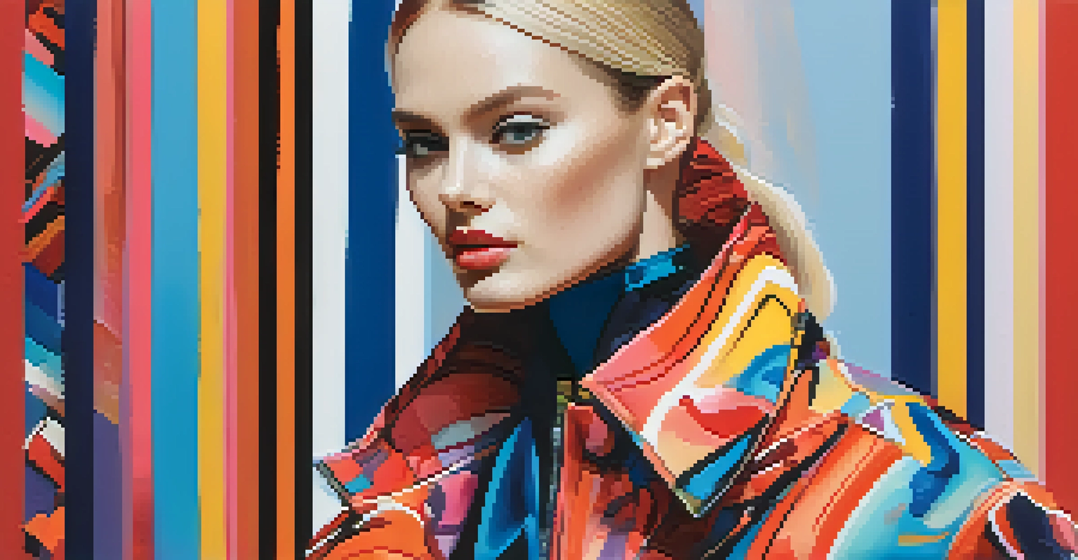 A detailed close-up of a bold fashion illustration highlighting an avant-garde outfit with vibrant colors and intricate textures.
