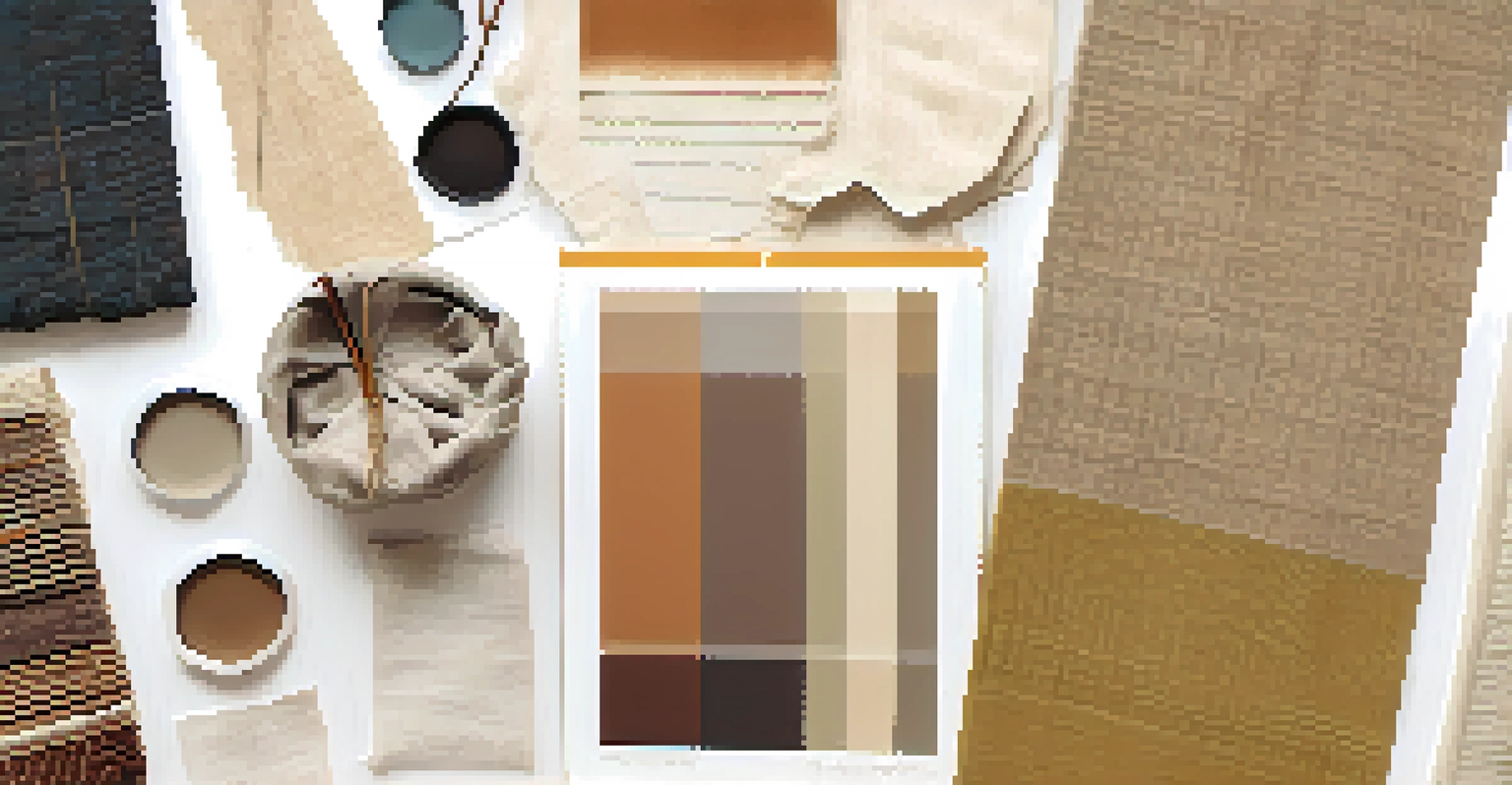 A collection of eco-friendly fabric swatches and a designer's sketchbook, showcasing earthy tones and natural textures in a well-lit environment.