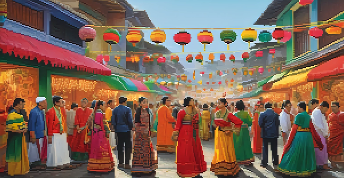 A lively street scene showcasing people in traditional clothing celebrating a cultural festival with colorful decorations and festive lights.