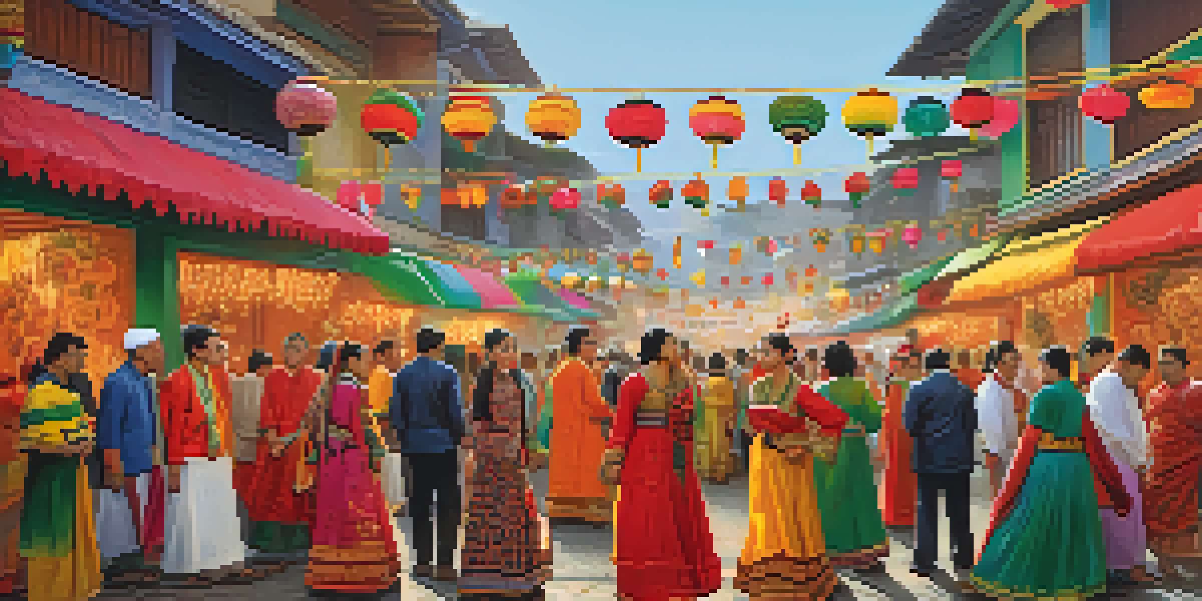 A lively street scene showcasing people in traditional clothing celebrating a cultural festival with colorful decorations and festive lights.