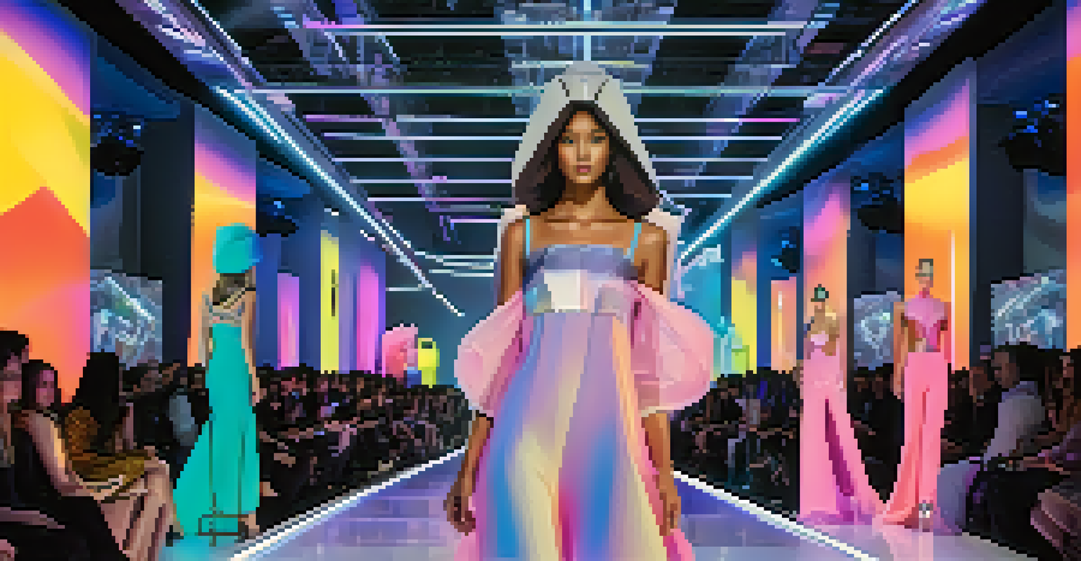A futuristic fashion show with models on a runway illuminated by colorful lights, wearing avant-garde outfits with augmented reality effects.