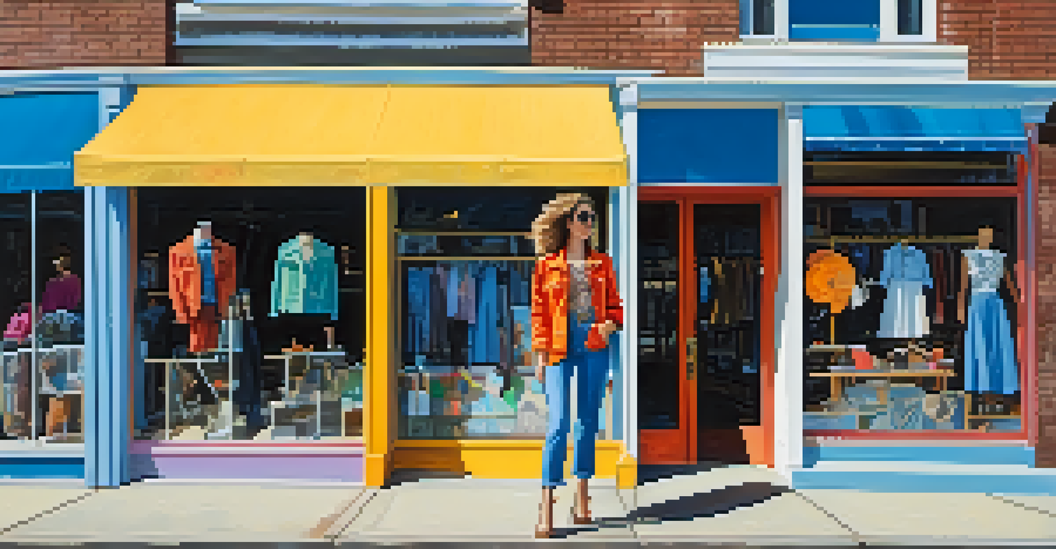 A fashionable young woman outside a thrift store, wearing a colorful vintage jacket and modern jeans, with a bright sunny background.