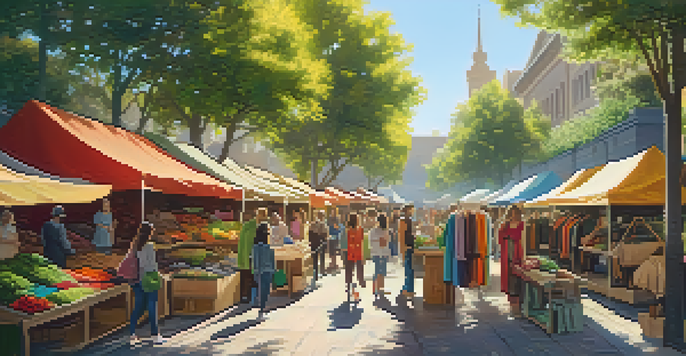 A lively outdoor market filled with sustainable clothing stalls and diverse shoppers, surrounded by greenery and sunlight.