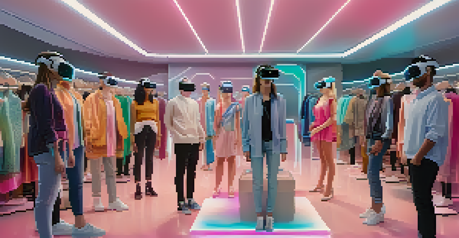 A group of diverse individuals using VR headsets to try on clothes in a virtual environment, with holographic displays of outfits around them.