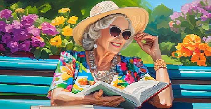 A senior woman in a floral dress sits on a bench in a park, reading a book and surrounded by flowers.