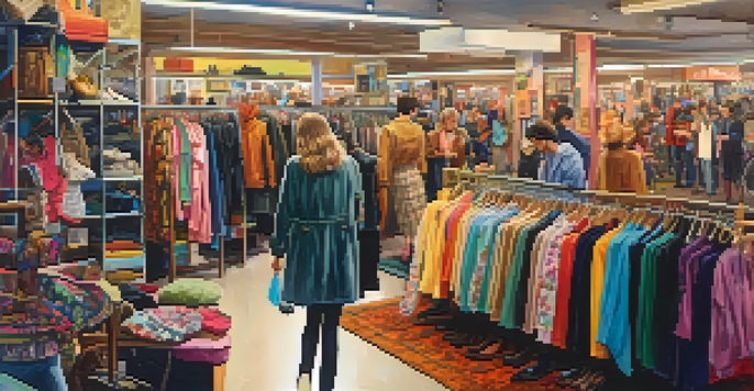 A thrift shop interior with colorful racks of second-hand clothing and shoppers browsing.