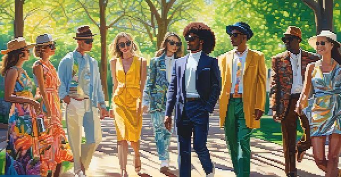 A diverse group of people in a park, showcasing various fashion styles under sunny weather.
