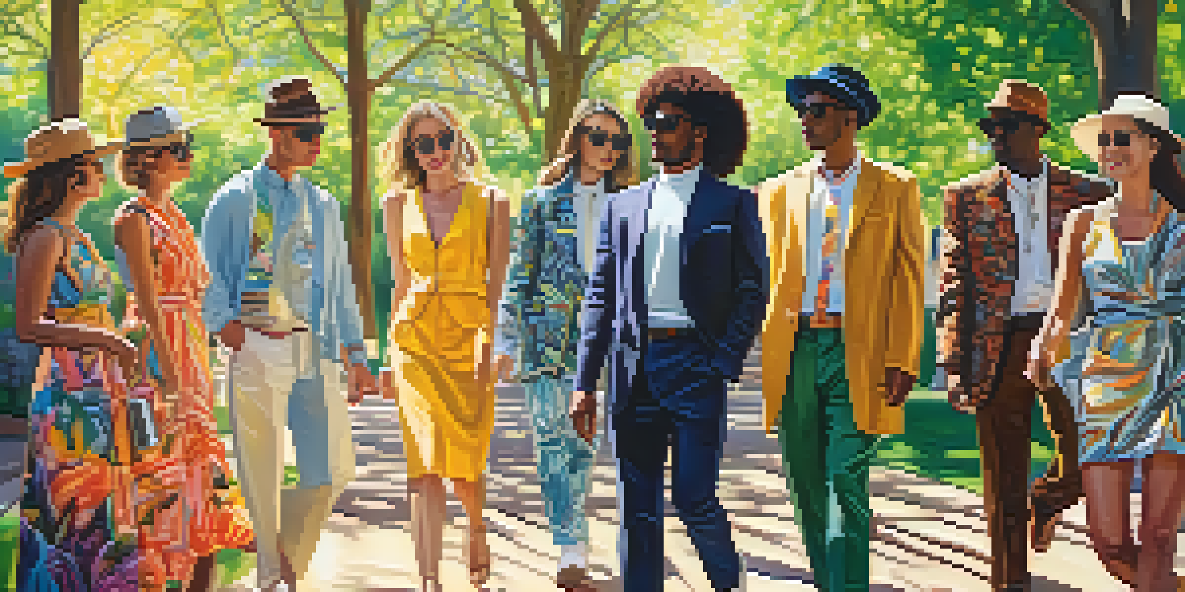 A diverse group of people in a park, showcasing various fashion styles under sunny weather.