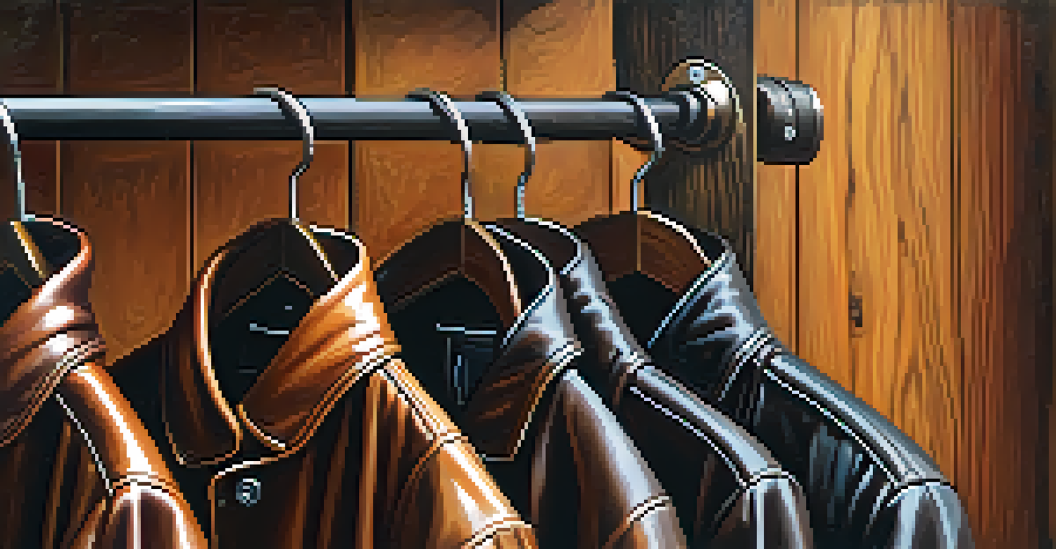 A close-up view of a vintage leather jacket hanging on a wooden rack, showcasing its rich patina and detailed stitching under soft warm lighting.
