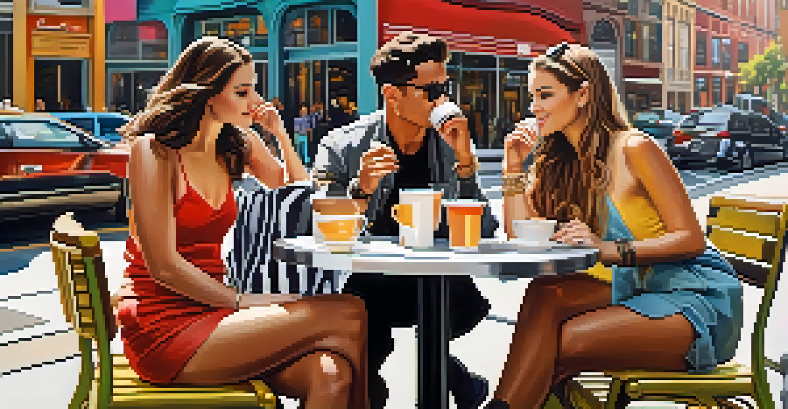 Young adults displaying their fashion styles at an outdoor café in a vibrant urban setting.