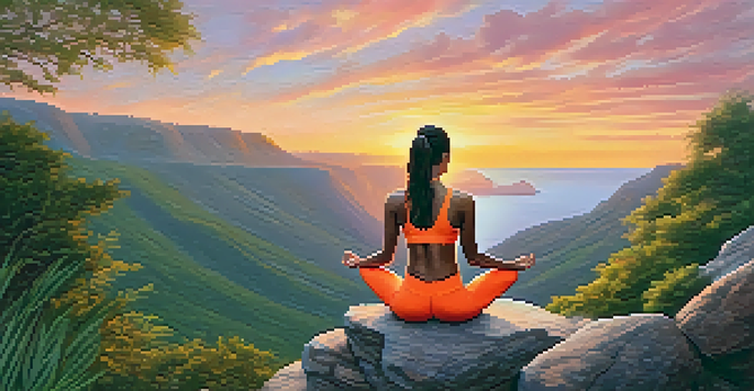 A fitness influencer practicing yoga on a cliff with a colorful sunset in the background, surrounded by greenery.