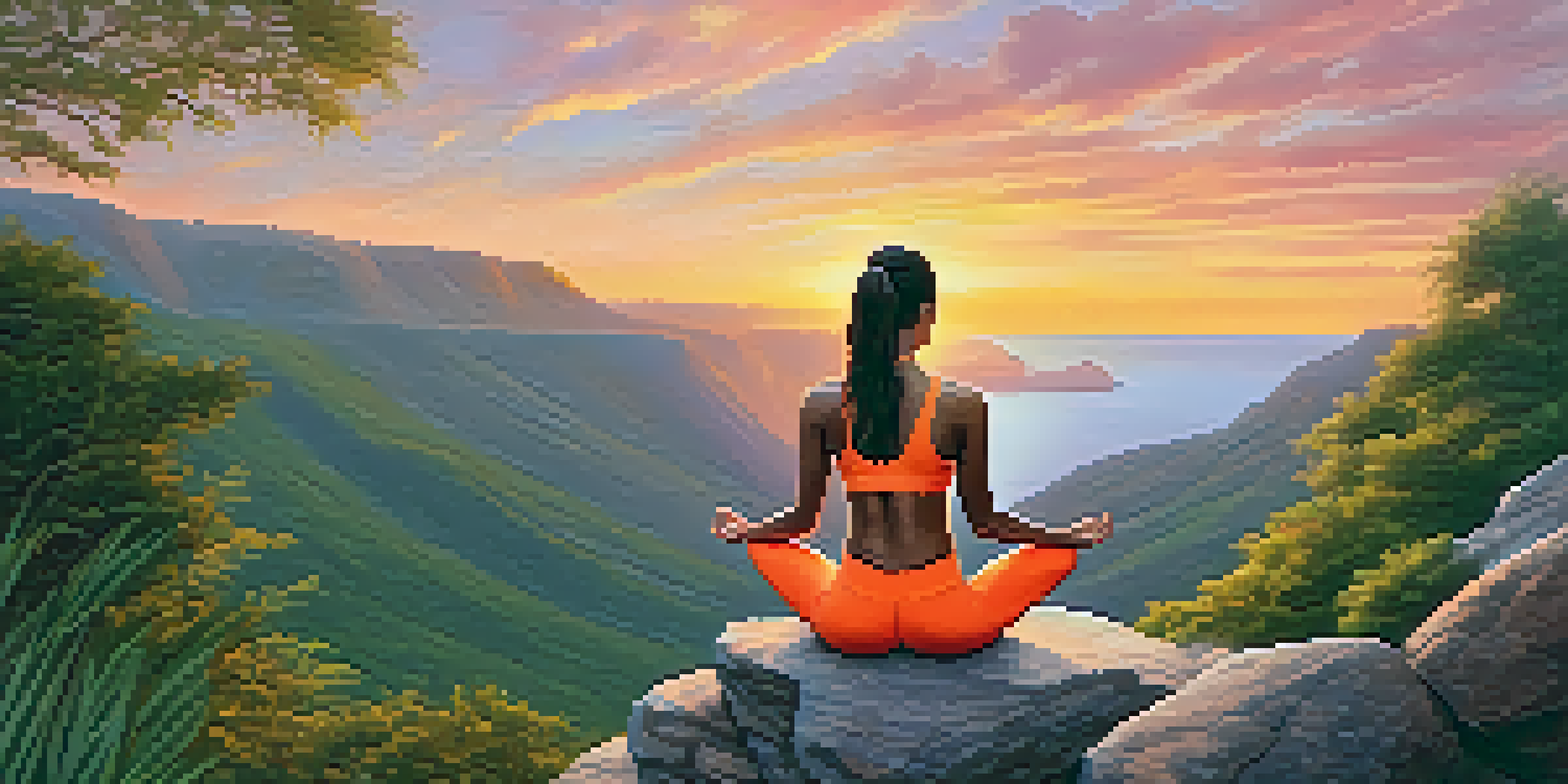 A fitness influencer practicing yoga on a cliff with a colorful sunset in the background, surrounded by greenery.