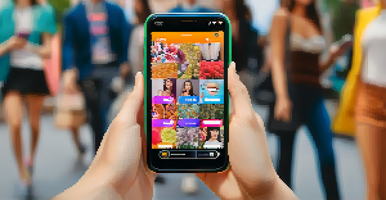 A close-up view of hands holding a smartphone showing a social media feed filled with user-generated content from a fashion brand.