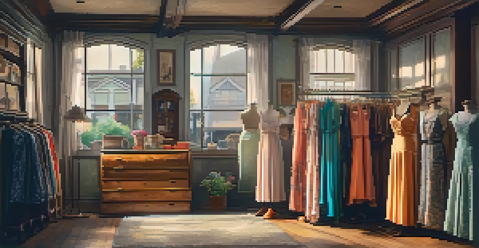 A cozy thrift store filled with colorful vintage clothing, including dresses, accessories, and shoes, illuminated by soft warm lighting.