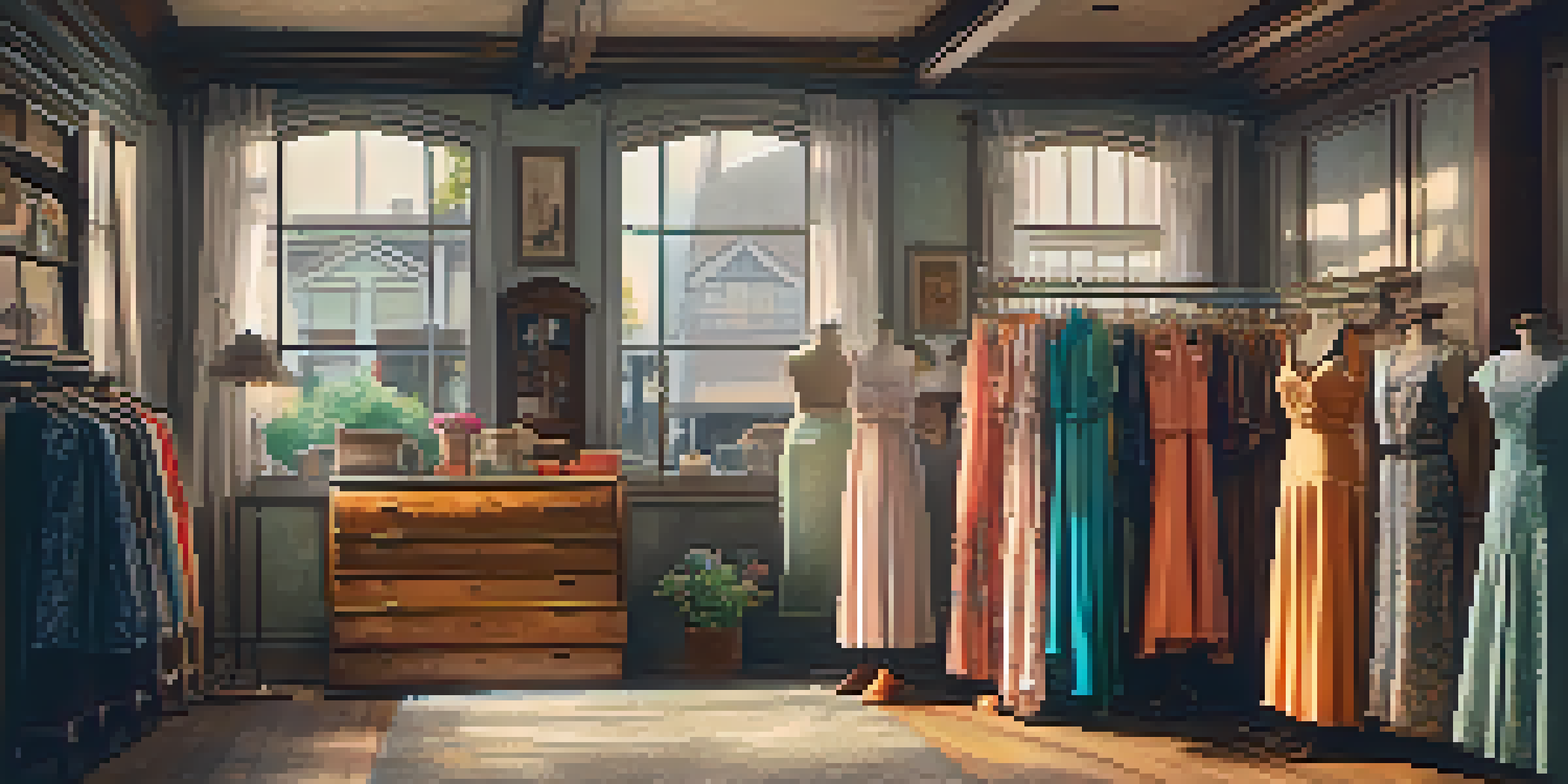 A cozy thrift store filled with colorful vintage clothing, including dresses, accessories, and shoes, illuminated by soft warm lighting.