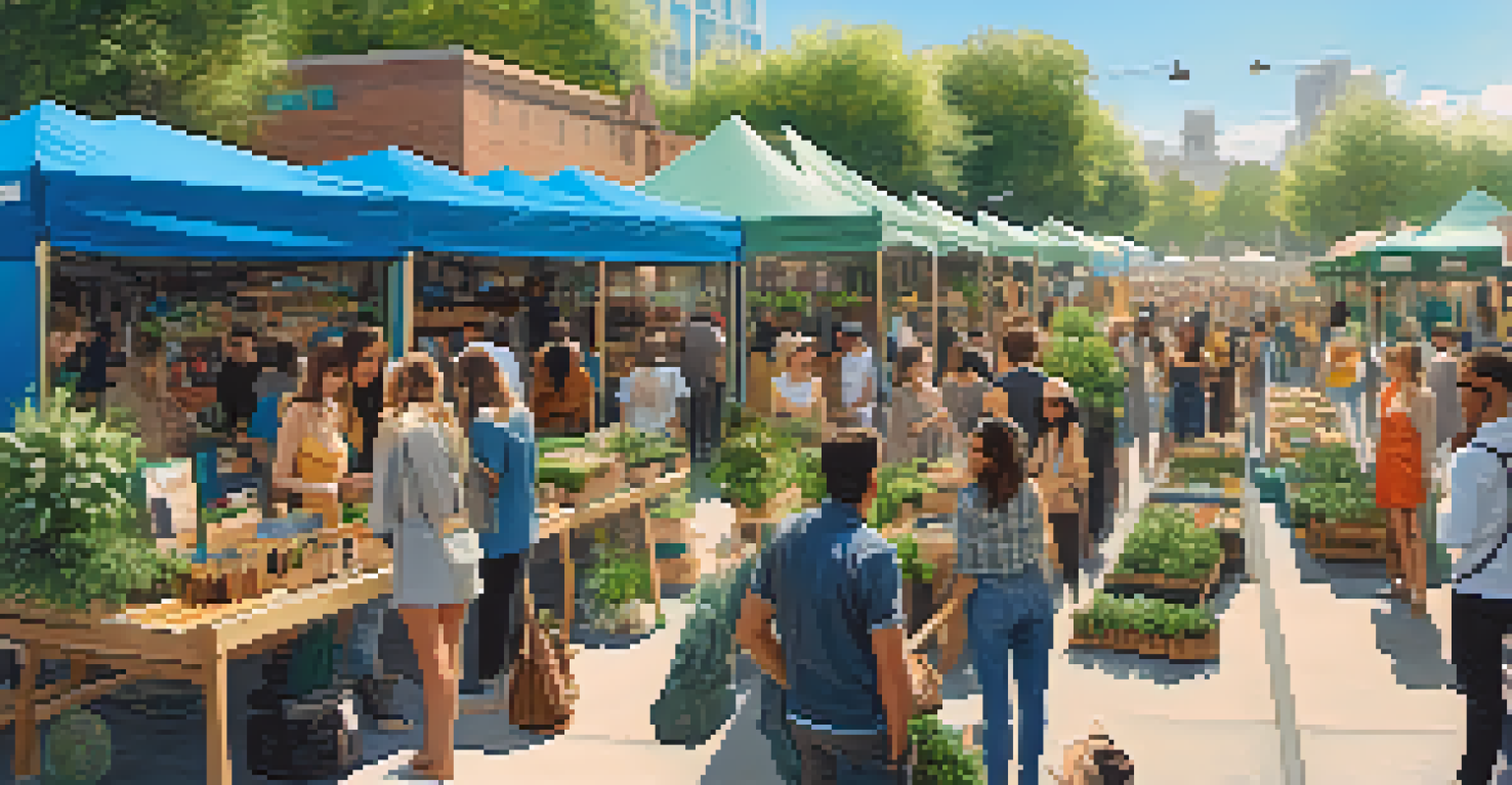 An outdoor market with gig workers exploring sustainable fashion booths, surrounded by greenery and a bright sky.