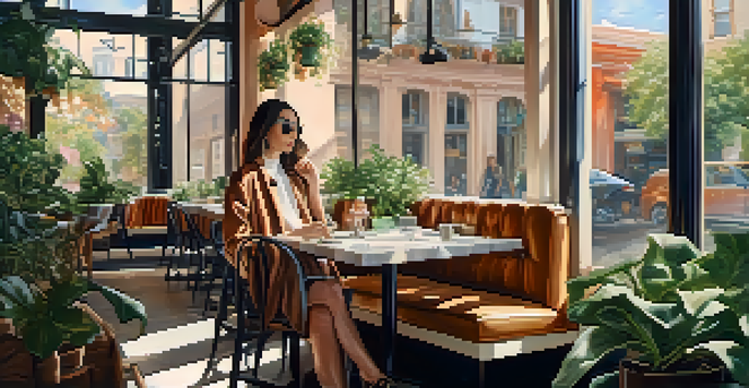 A fashion influencer in a sunlit cafe, wearing a stylish outfit surrounded by plants.