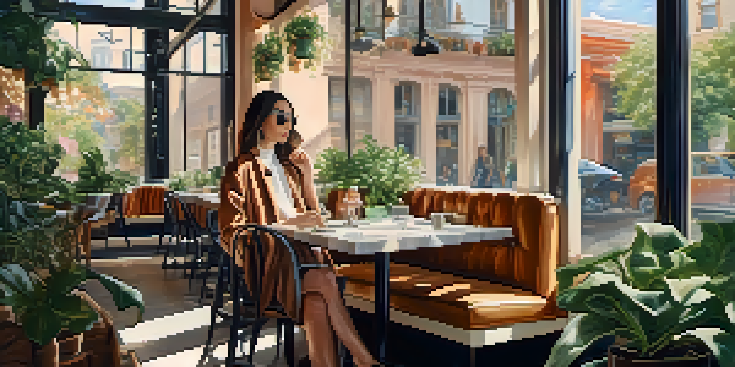 A fashion influencer in a sunlit cafe, wearing a stylish outfit surrounded by plants.