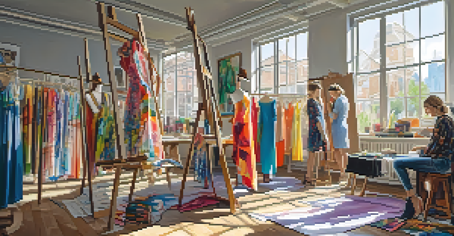 An artist's studio with colorful artworks and sketches, featuring a designer painting a textile pattern.