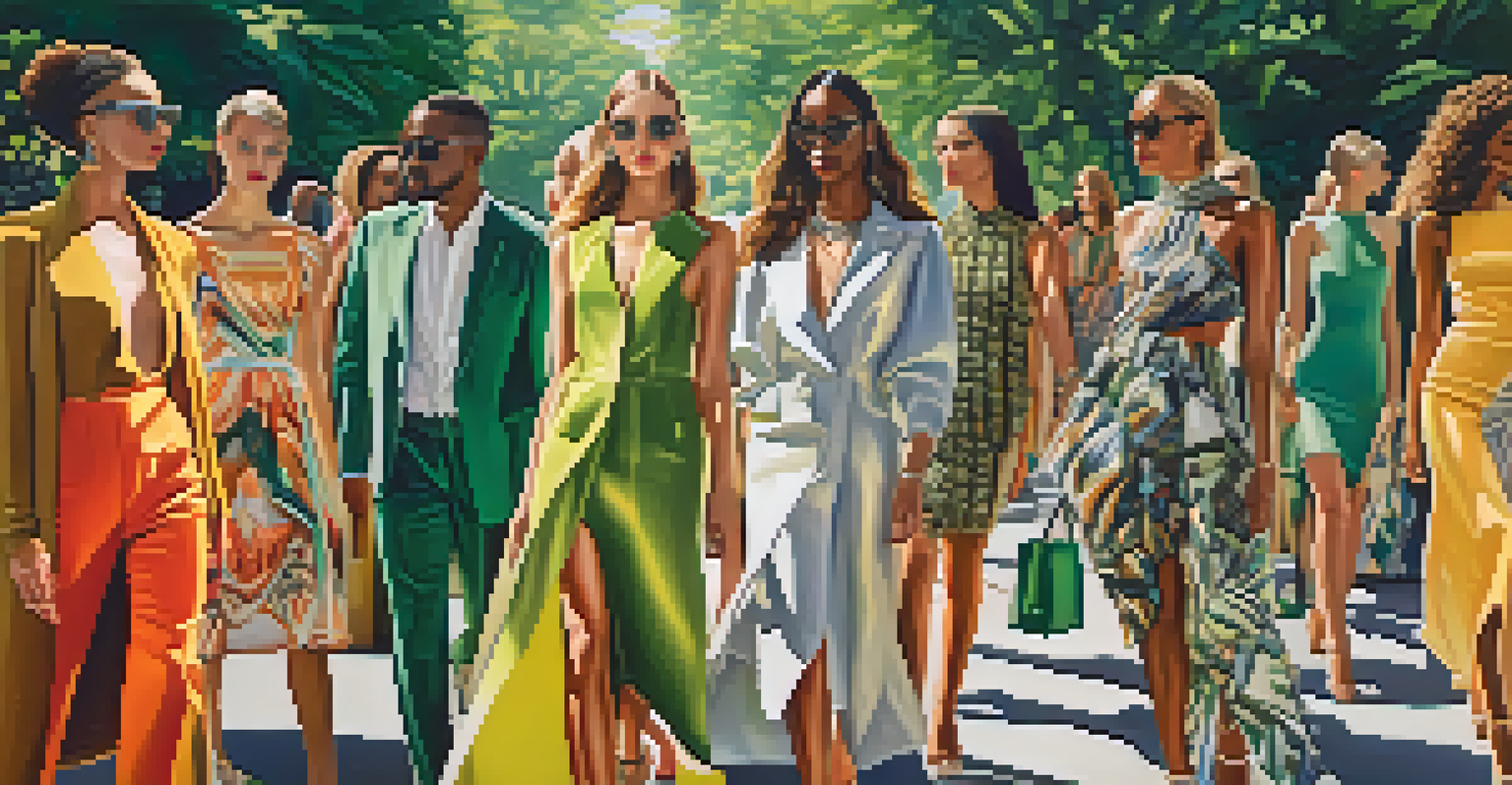 A fashion event in a park with models showcasing avant-garde outfits surrounded by lush greenery.