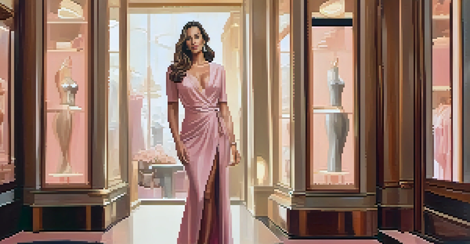 A confident woman with an hourglass figure wearing a tailored wrap dress in a boutique setting, surrounded by elegant clothing displays.