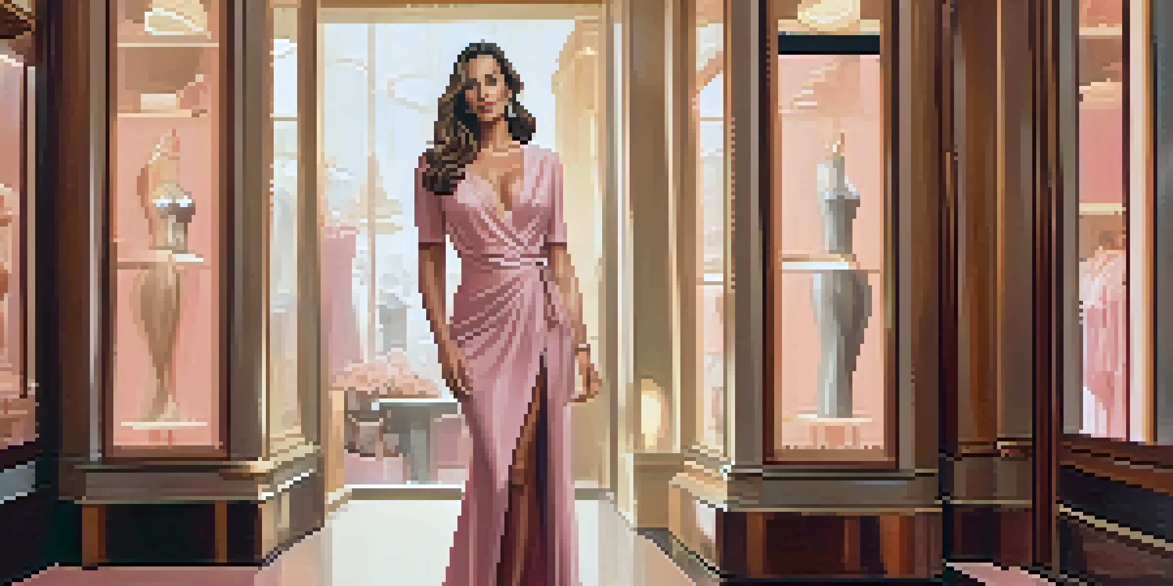 A confident woman with an hourglass figure wearing a tailored wrap dress in a boutique setting, surrounded by elegant clothing displays.
