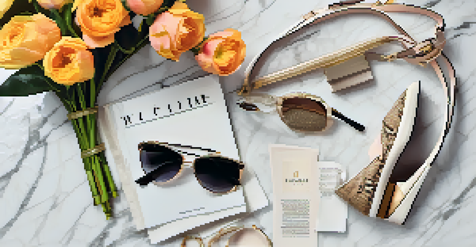 A flat lay of luxury fashion items including a handbag, sunglasses, and heels arranged on a marble surface.
