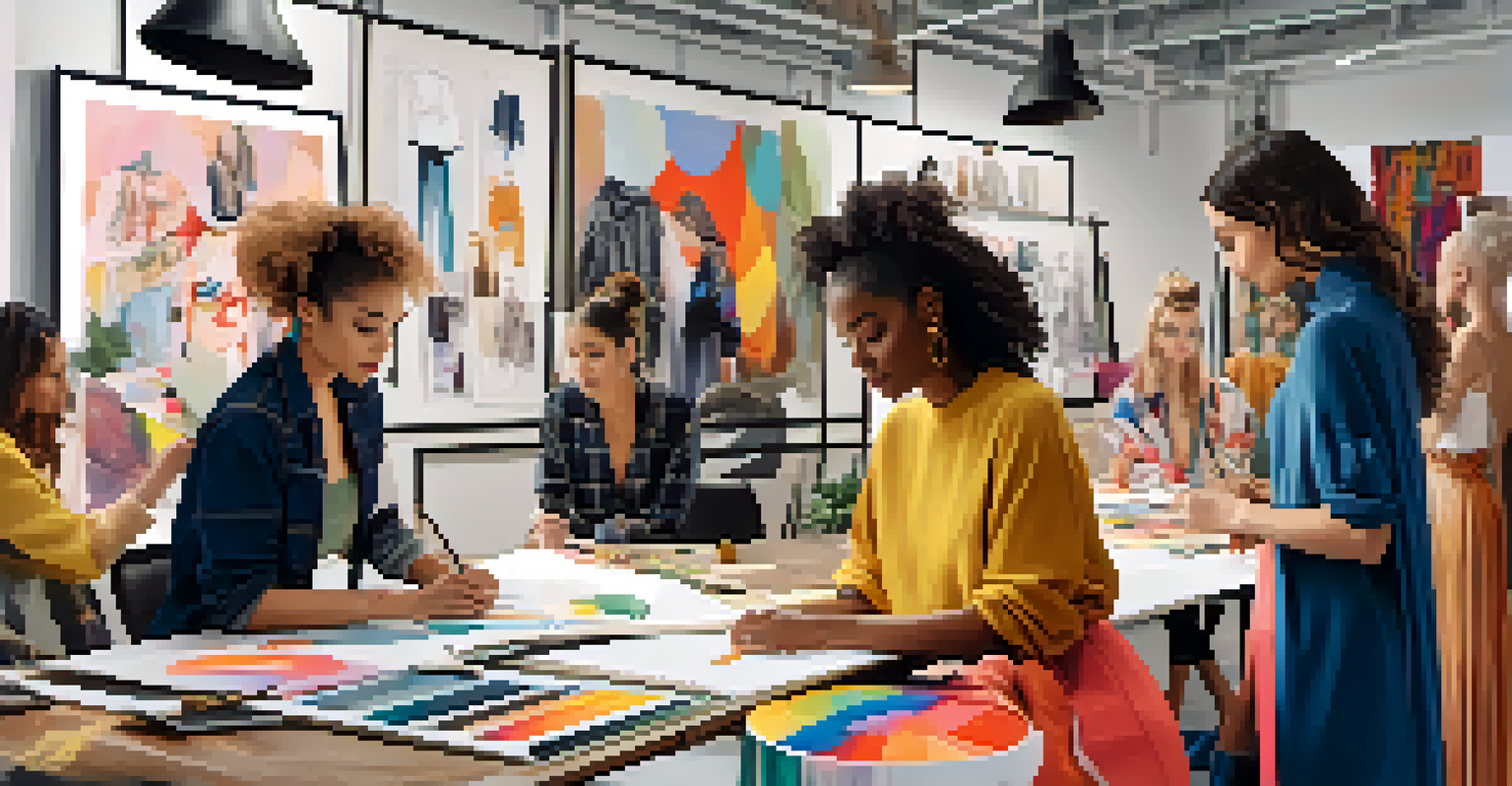 A diverse group of fashion designers collaborating in a bright studio, surrounded by mood boards and fabrics, illustrating a focus on sustainable fashion.