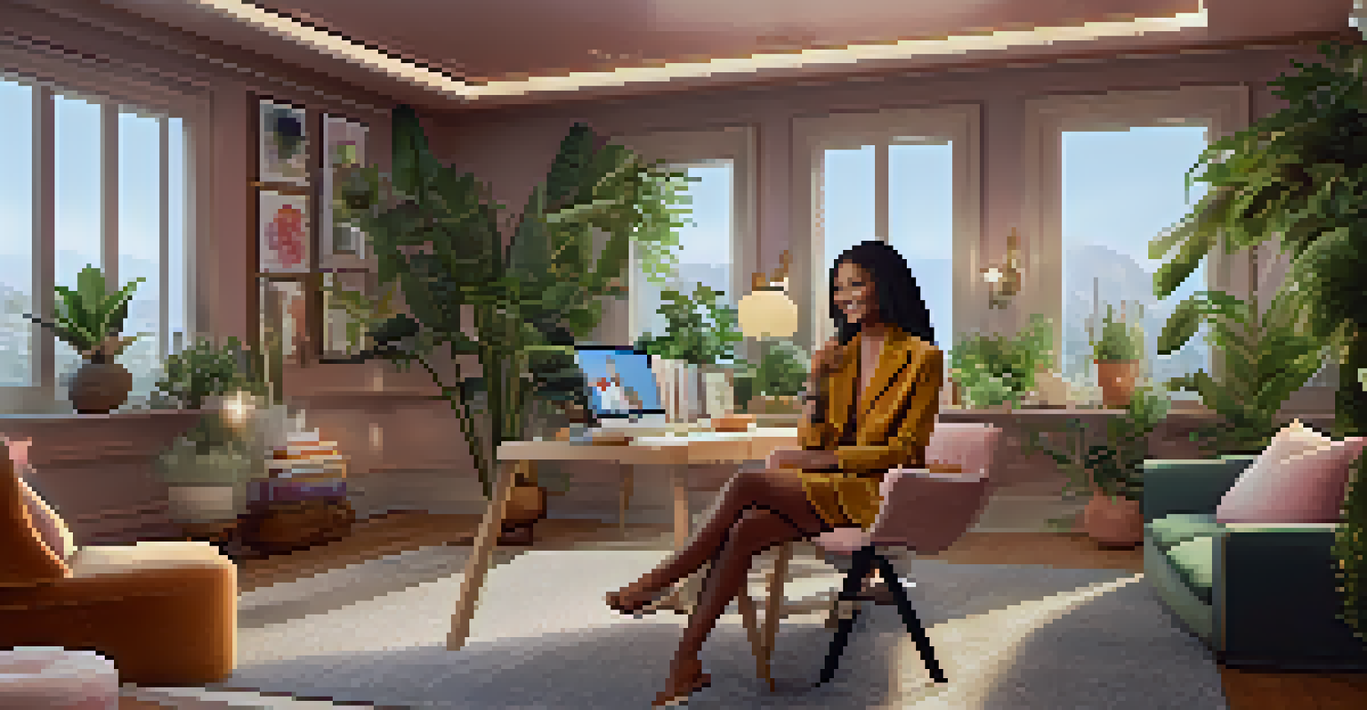 A fashion influencer interacting with her followers in a cozy, well-decorated room.