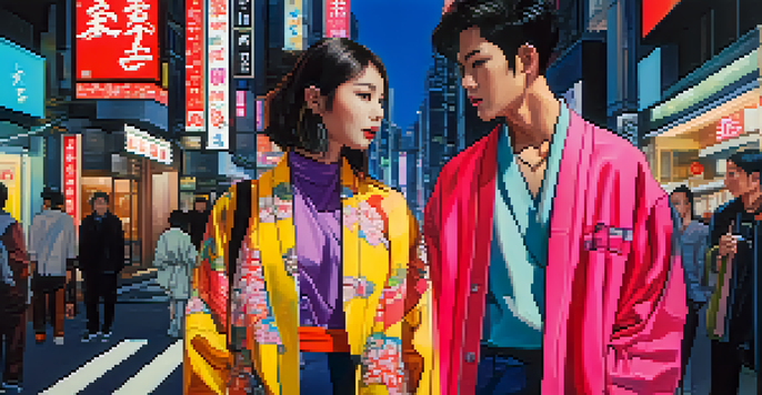 A lively street scene in Tokyo with people in traditional kimonos and modern streetwear, surrounded by neon lights.
