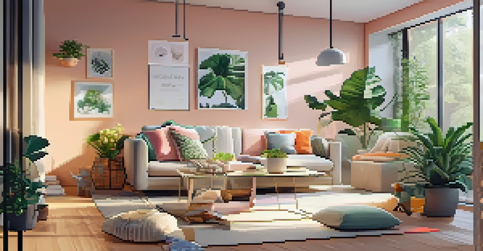 A cozy living room with a laptop showing an online fashion store and a laid-out outfit on a couch, illuminated by natural light.