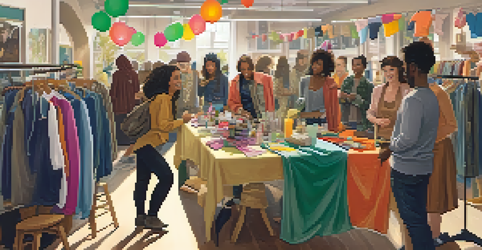 A cozy indoor clothing swap event with diverse individuals exchanging colorful garments, surrounded by eco-friendly decorations and a friendly atmosphere.