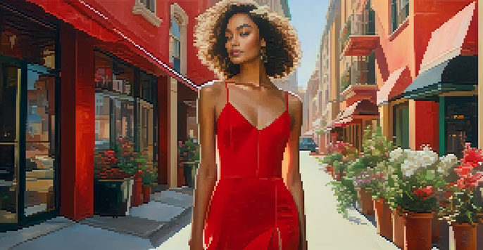 A model in a bold red dress stands confidently in a sunny urban setting with pastel buildings and flowers in the background.