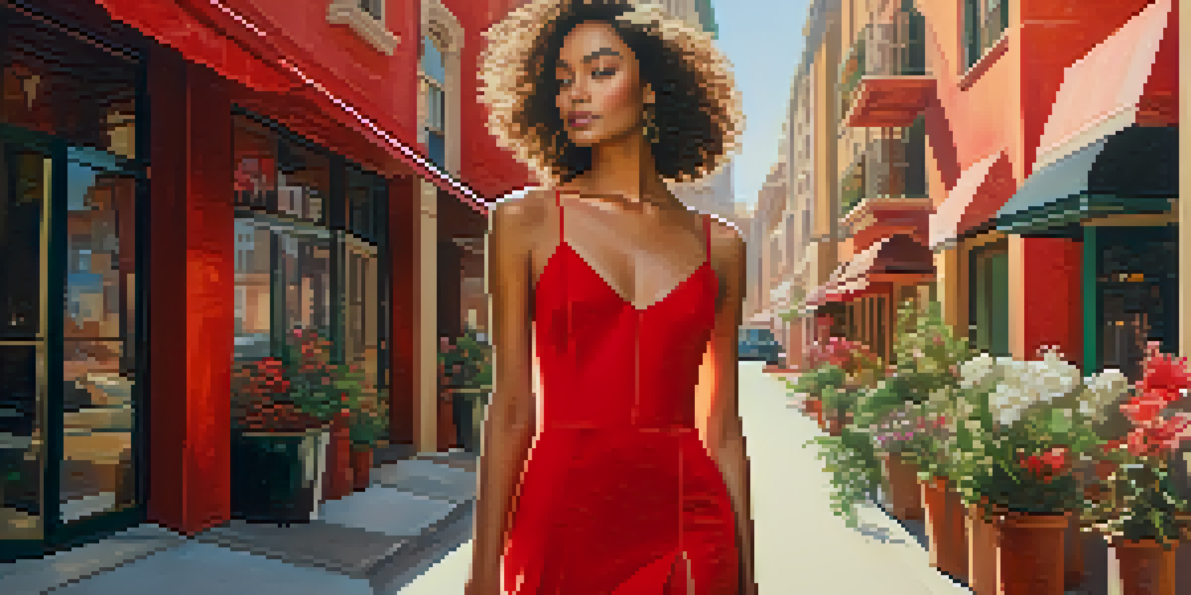 A model in a bold red dress stands confidently in a sunny urban setting with pastel buildings and flowers in the background.